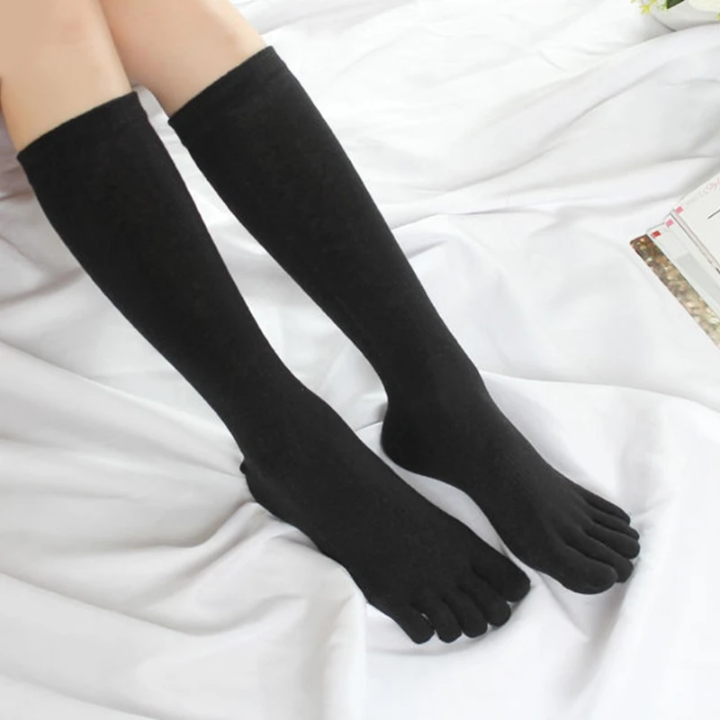 Women Autumn Five Finger Long Tube Socks Simple Solid Color Soft Casual Breathable Toe Separated Cotton Hosiery