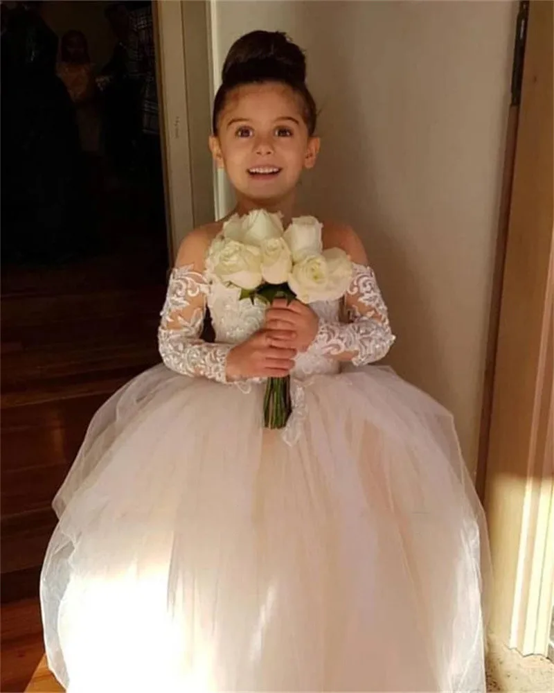 Cute Ball Gown Bow Back Flower Girl Dresses For Weddings Appliques Long Sleeves Princess Tulle Girl\'s Ceremonial Dress Vestido