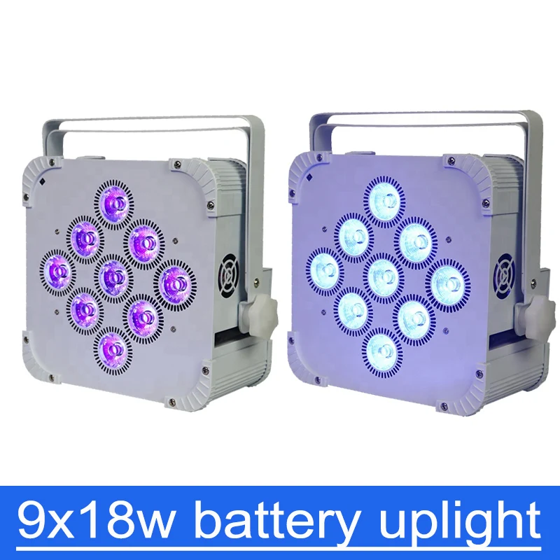

Rechargeable wedding uplights/ led par light 9*18w RGBWA UV 6in1 wireless dmx battery led up lighting/ led flat par light