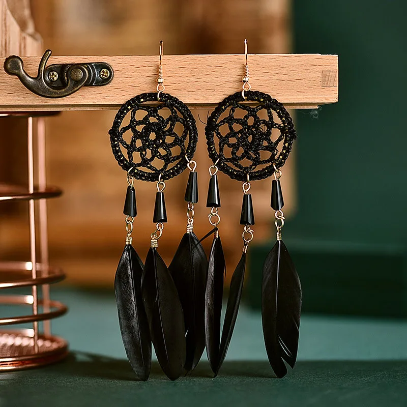 Feather Fringed Dreamcatcher Long Earring for Women Red Blue Black Feather Tassel Earrings Handmade Boho Ethnic Earings Jewelry