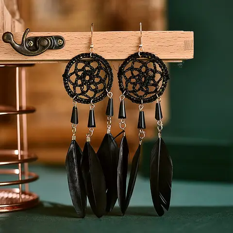 Feather Fringed Dreamcatcher Long Earring for Women Red Blue Black Feather Tassel Earrings Handmade Boho Ethnic Earings Jewelry