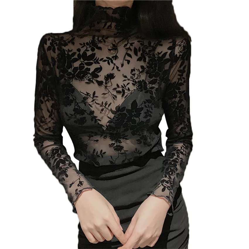 Gowyimmes Spring Sexy Girl Floral Lace Shirt Sexy Women Hollow Out Mesh Blouse Lady Long Sleeve Blusas Basic Tops Pullover 701