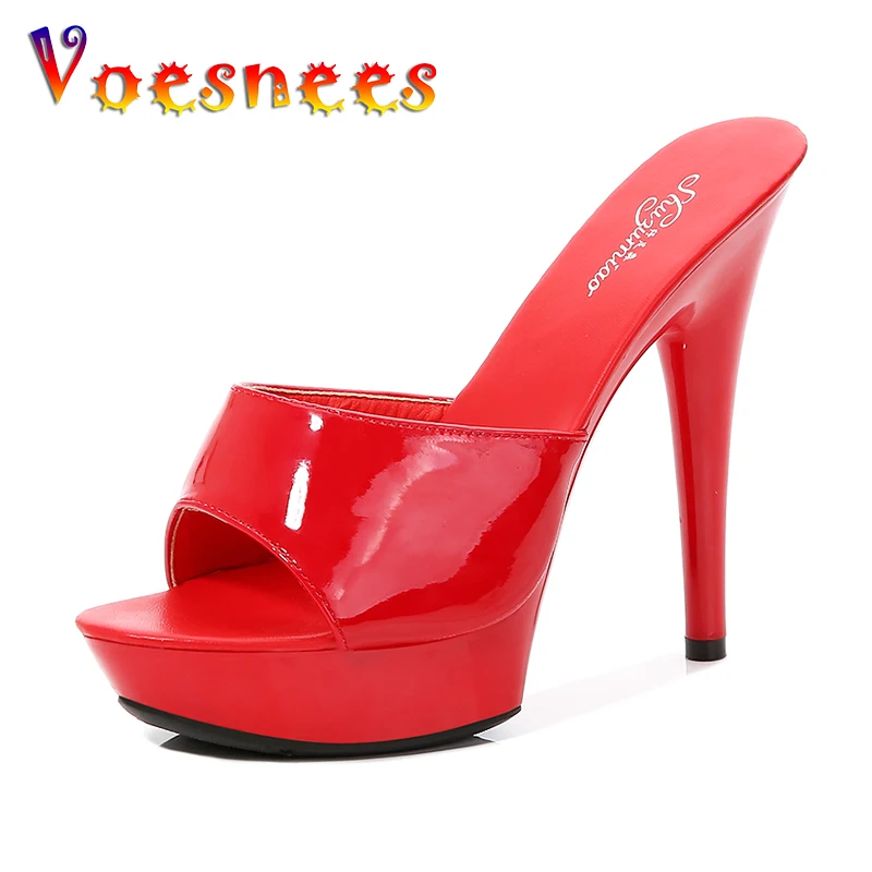 Voesnees Women Slippers Summer 2021 Outside High Heels 9 13 15 cm Solid Color Sexy High Platform Thin Heels Female Party Shoes