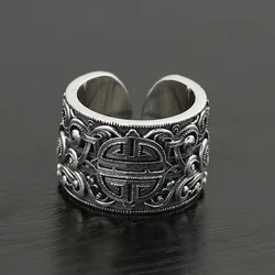 BOCAI Real Solid S925 Pure Silver Jewelry Ethnic Style Tang Grass Pattern Adjustable Thai Fashion Man Rings