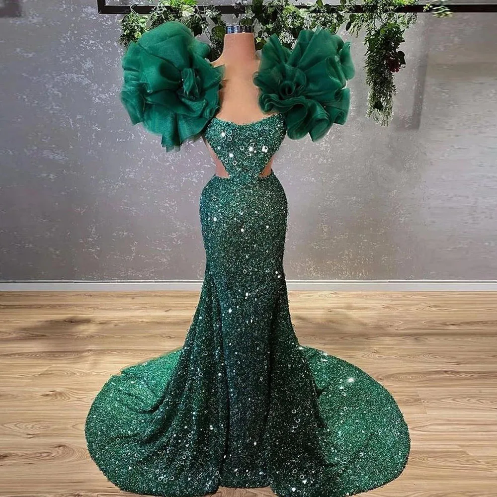 

Glamorous Green Flower with Ruffles Evening Dresses Sexy Crystal Sequins Prom Gowns For Party Dress vestidos de fiesta плать