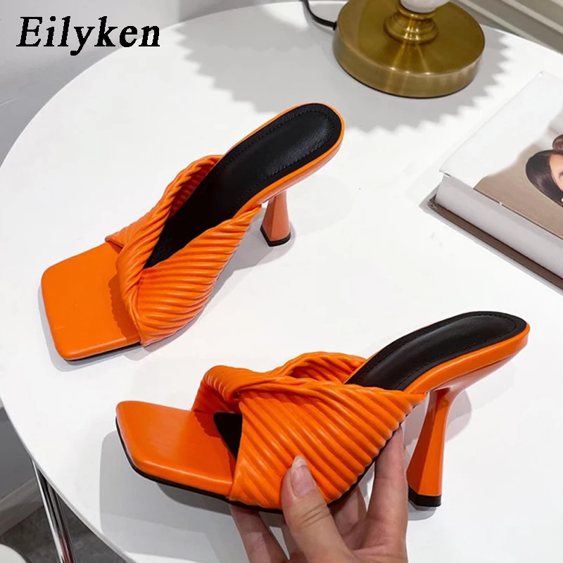 Eilyken 2024 New Summer Pleated Orange Women Slipper Fashion Slides Ladies Elegant Thin High Heel Square Toe Sandals Shoes