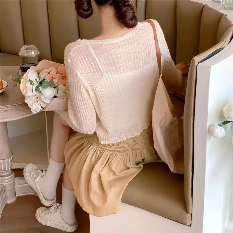 Coats Knitted Summer Women Sun-protection Thin Fashion Lovely Pleated Long Sleeve Crop V-neck Casual Button Female Candy Color