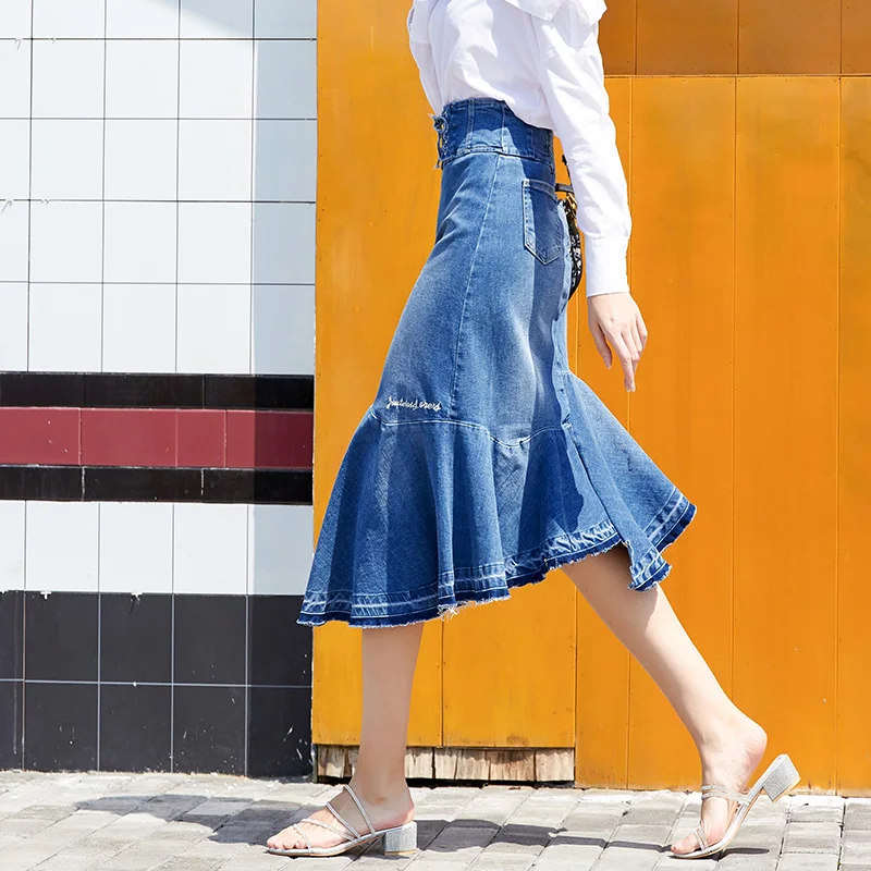 Imagem -04 - Tiyihailey Saia Jeans Feminina de Cano Longo Esticável Comprimento Meio da Panturrilha Saias de Alta Qualidade com Renda e Cintura Alta