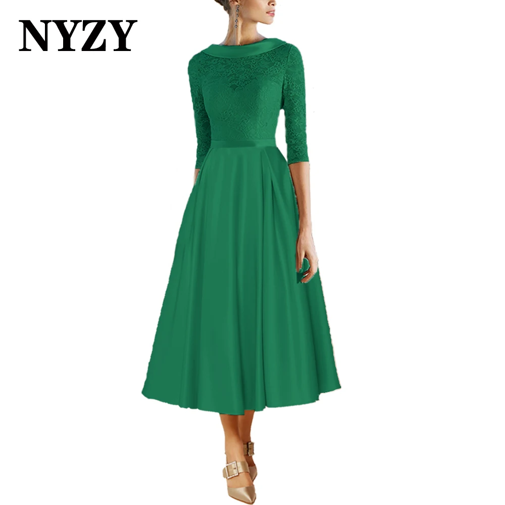 NYZY – robes mère de la mariée, Vintage, col bol, demi-manches, thé long, Champagne, robe de soirée de mariage, costumes d'église, M345