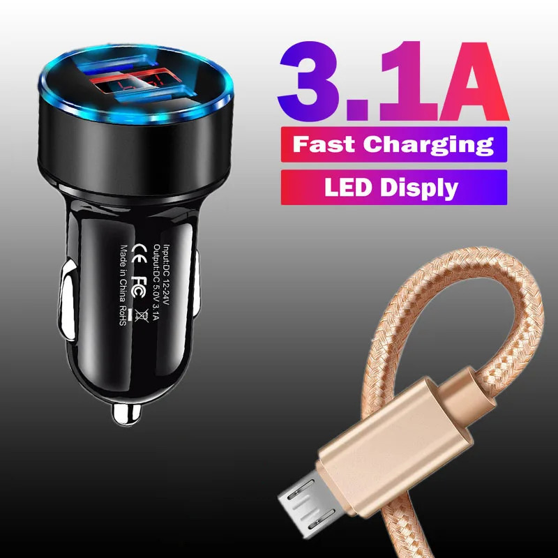 Car Charger LED Display Dual USB 3.1A Fast Charging For Xiaomi Redmi Note 6 Pro Sony E5 Samsung A5 J7 Micro USB Nylon Data Cable