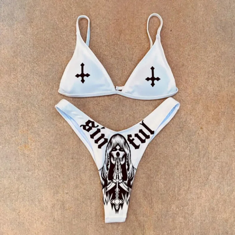 Punk Gothic Letters Print Bikinis Set Sexy Bikini 2023 Women Skull Pattern V-neck Swimwear Fashion Swimsuit Bathing Suit