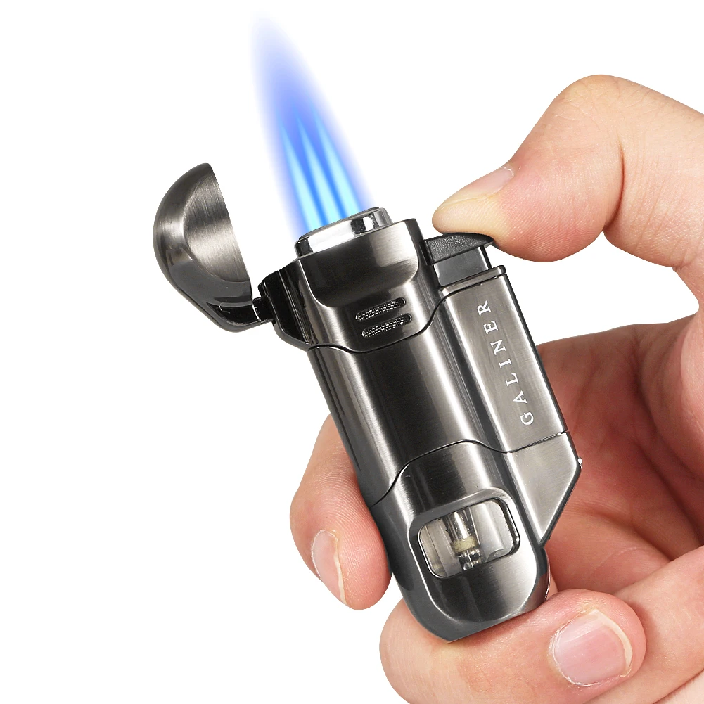 GALINER Brand New Cigar Lighter Windproof 3 Jet Blue Flame Butane Torch Lighter Gas Refillable Pocket Cakmak Smoking Tool