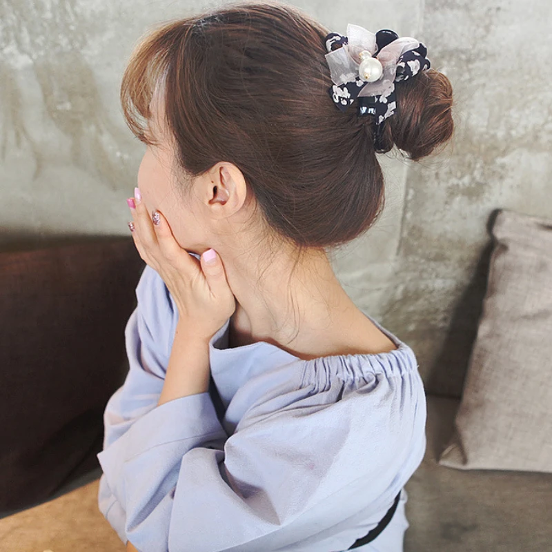 Korea Temperament Floral Hair Grab Clip pin Sweet Mesh Bow Imitate Pearl  Claw Top   Accessories for Women Girls