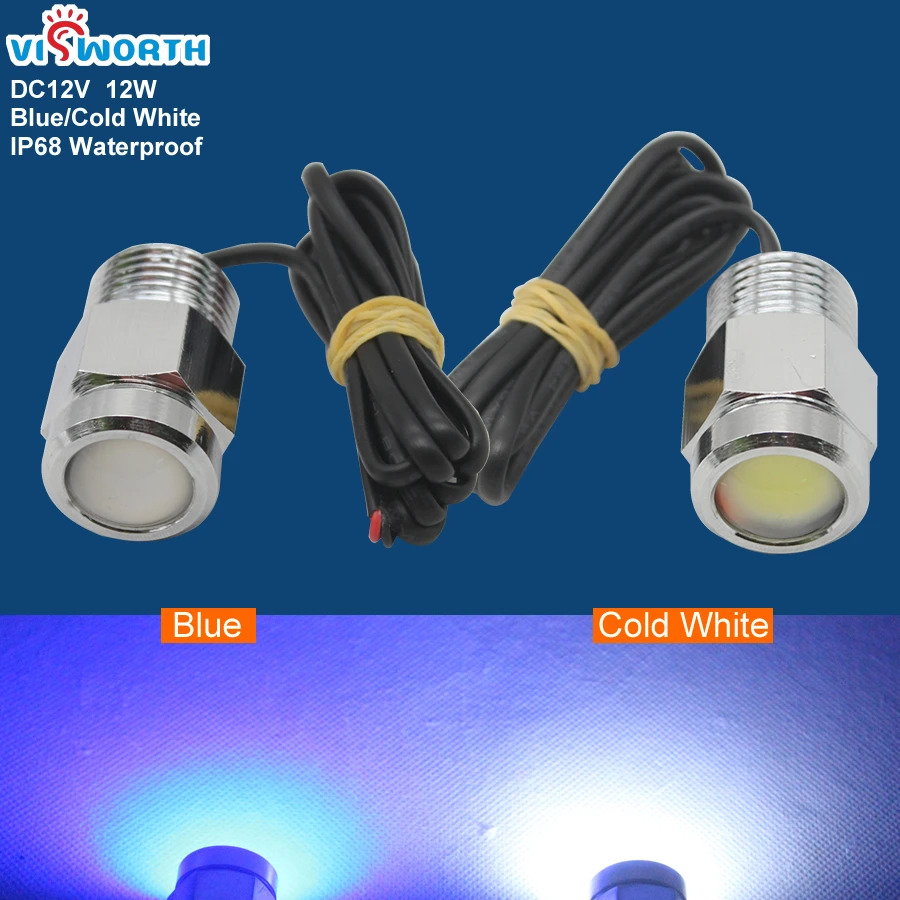 Lâmpada led subaquática para barco, 12w, luz led para uso externo com conector à prova d\'água para barco marinho, iate e pesca, luz azul e fria