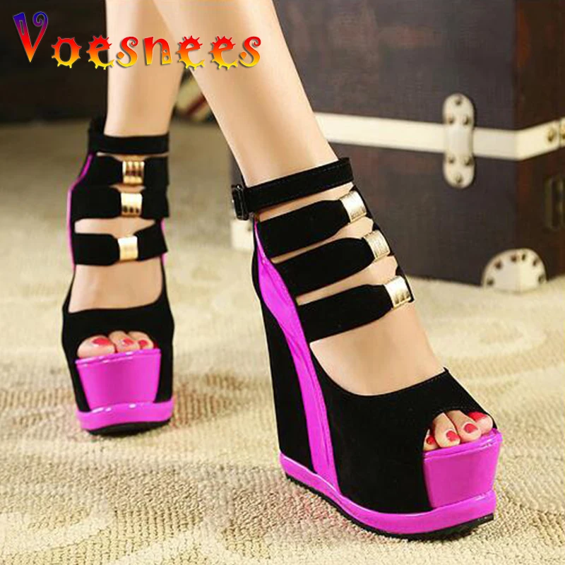 Woman Shoes 2021 Summer Genuine Women Platform Thick Soles Sandals Wedges High heel 14.5cm Peep Toe Mixed Colors SexyShoes