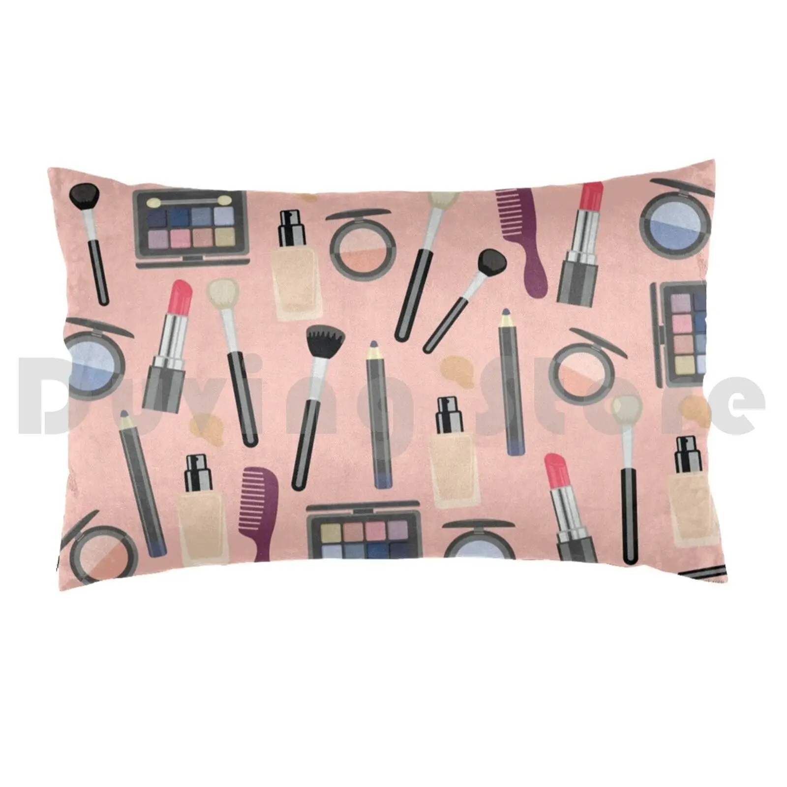 Makeup Kit Pillow Case Printed 50x75 Makeup Kit Lipstick Pink Foundation Brush Brushes Vector Pattern Beauty