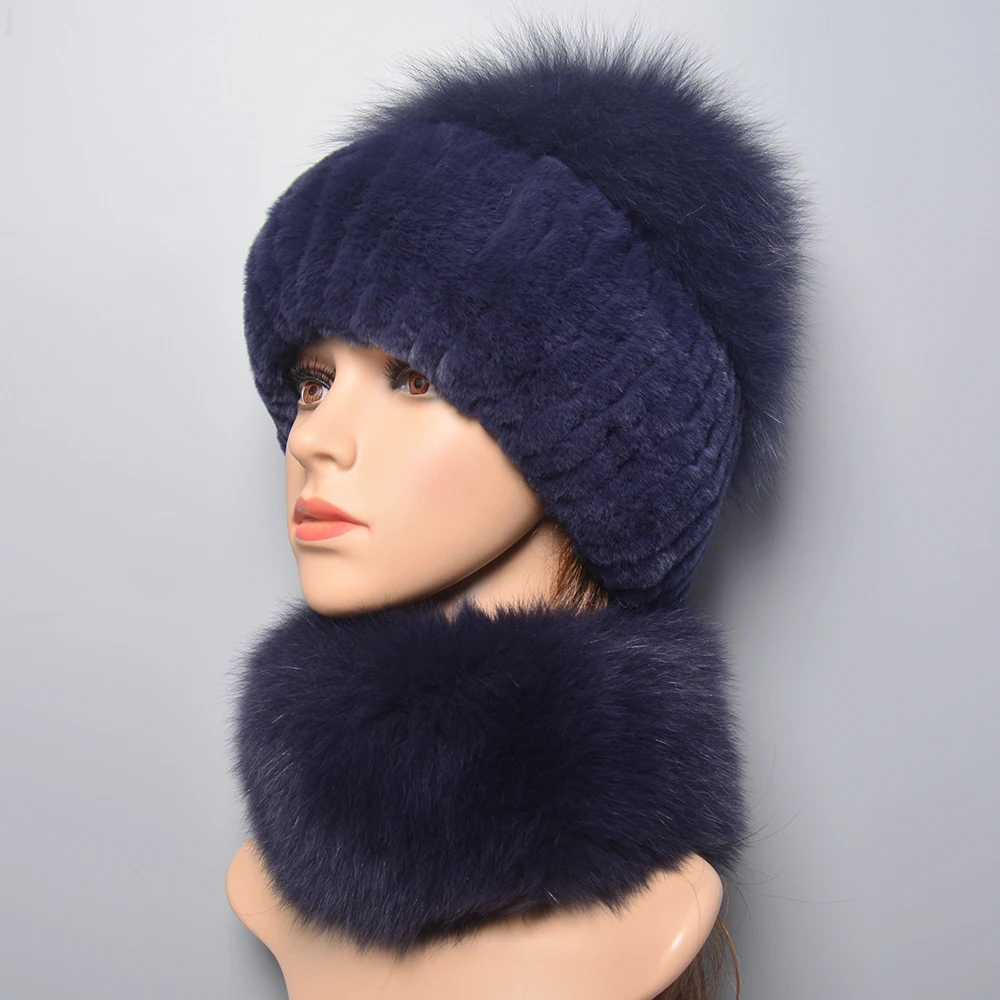 Hot Sale Winter Outdoor Brand Women Real Rex Rabbit Fur Scarf Hat Warm Real Fox Fur Cap Ring Shawl Natural Fox Fur Scarves Hats