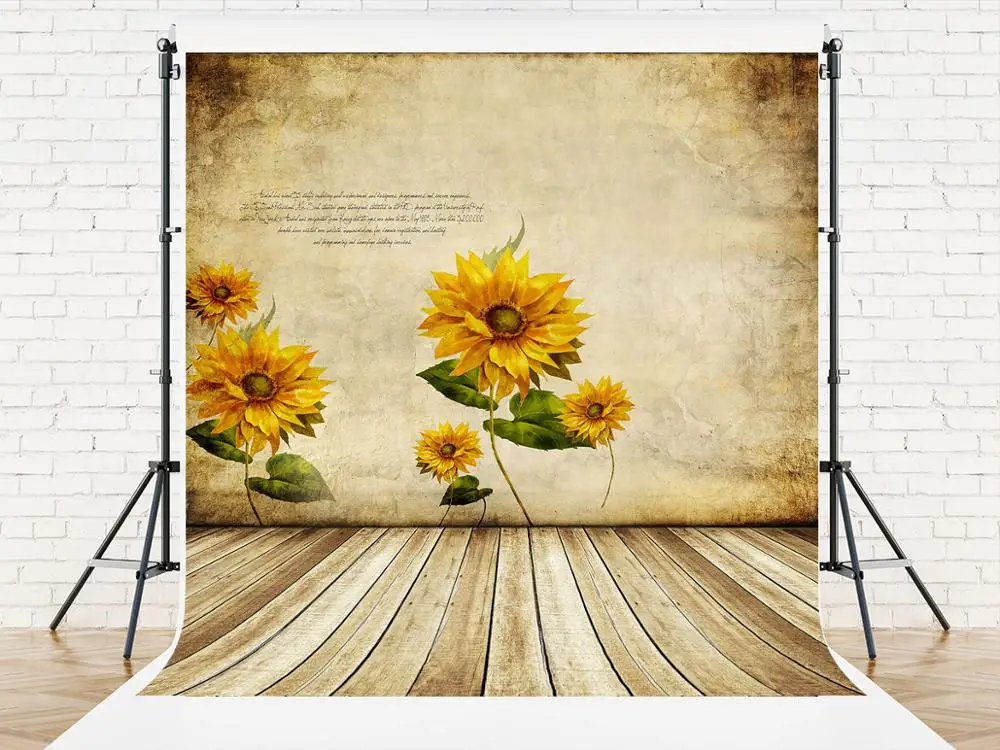 VinylBDS 200X300CM Retro Backgrounds Sunflower Mural Alphabetical Wood Flooring Photography Backdrops Photo