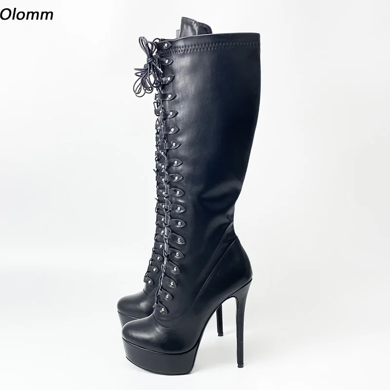 

Женские зимние сапоги до колена Olomm, на платформе, из искусственной кожи, унисекс, пикантные, на шпильке, с круглым носком, черные, размер 5-20