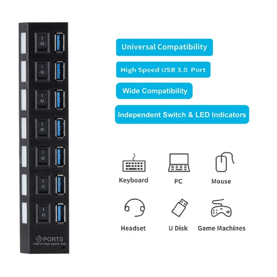 Hub USB com interruptor para PC, multi divisor, adaptador de energia, 7 portas expansor múltiplo, USB 3.0, 3 Hub uso, USB 3.0