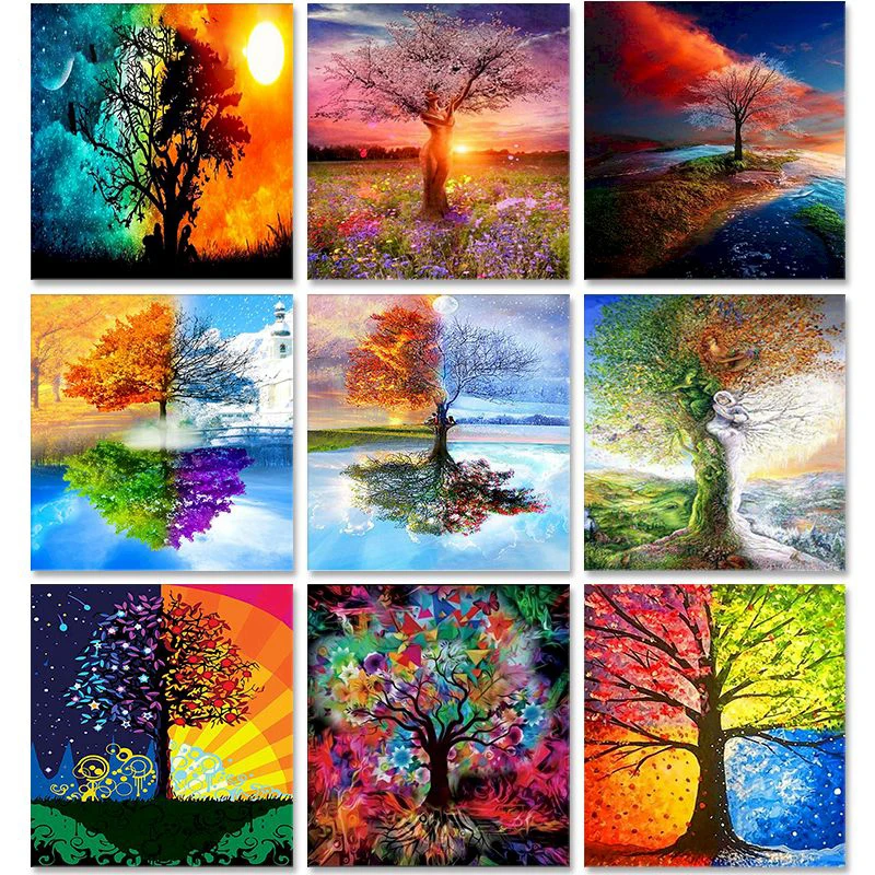 

PhotoCustom Painting By Numbers Kits Four Season Trees DIY 60x75cm Oil Drawing By Numbers On Canvas Scenery Frameless Home Decor