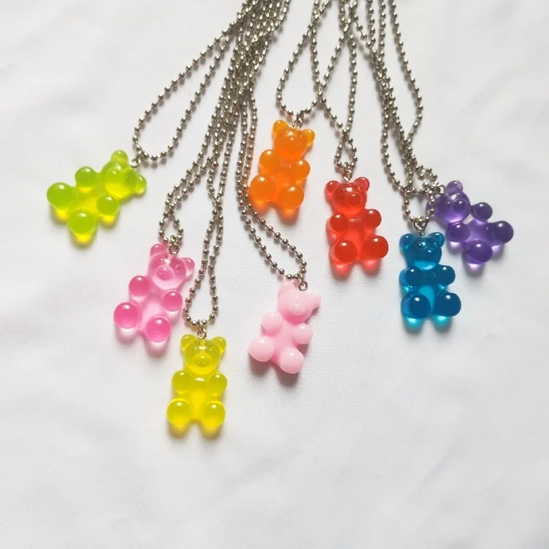 Fashion Candy Color Resin Bear Necklace Cartoon Cute Girl Beads Chain Bear Pendant Necklace Jewelry Party Friends Party Gift