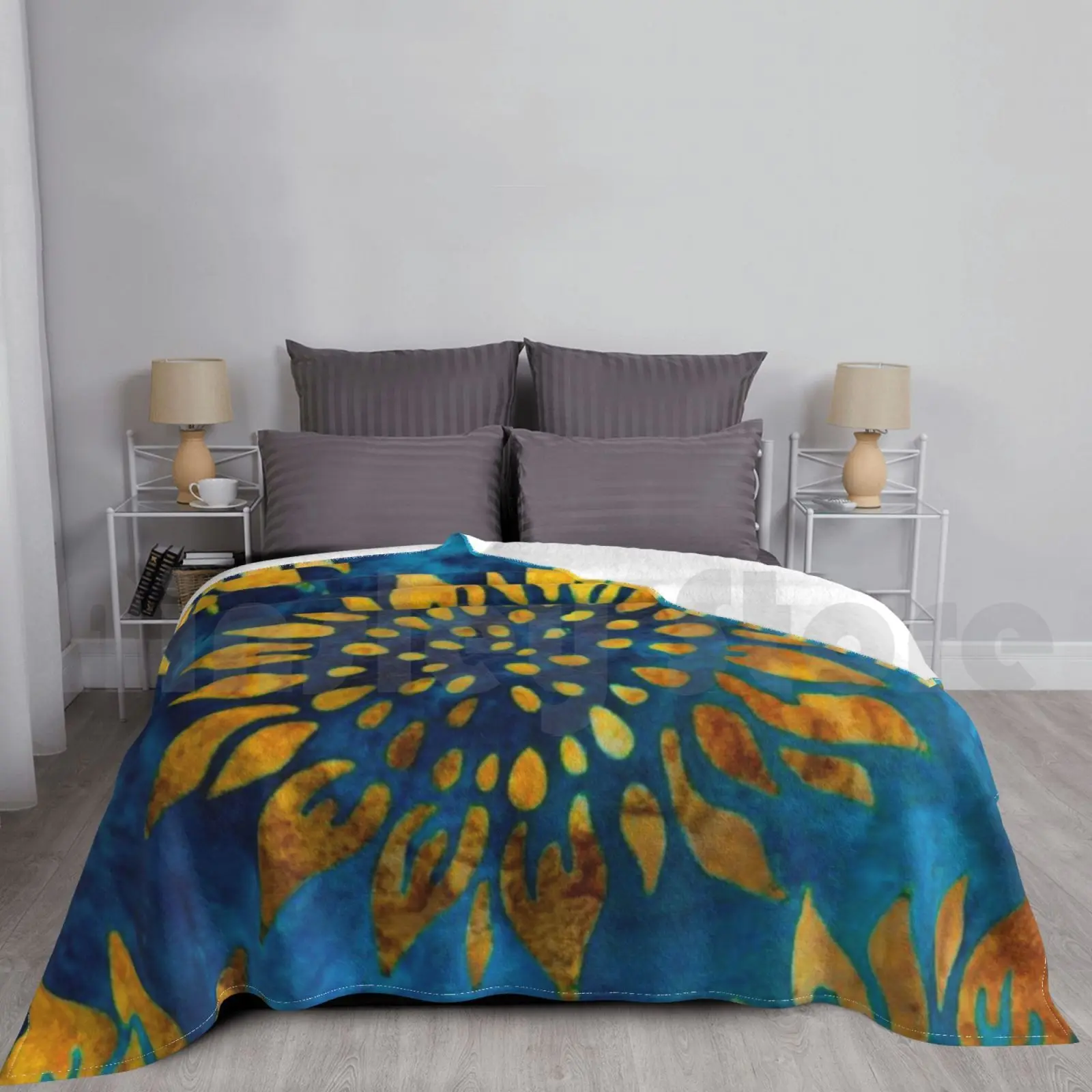 Blanket-Gold Sunflower Pattern On Blue Tie Dye Field 324 Cold Hygiene Flu Quarantine