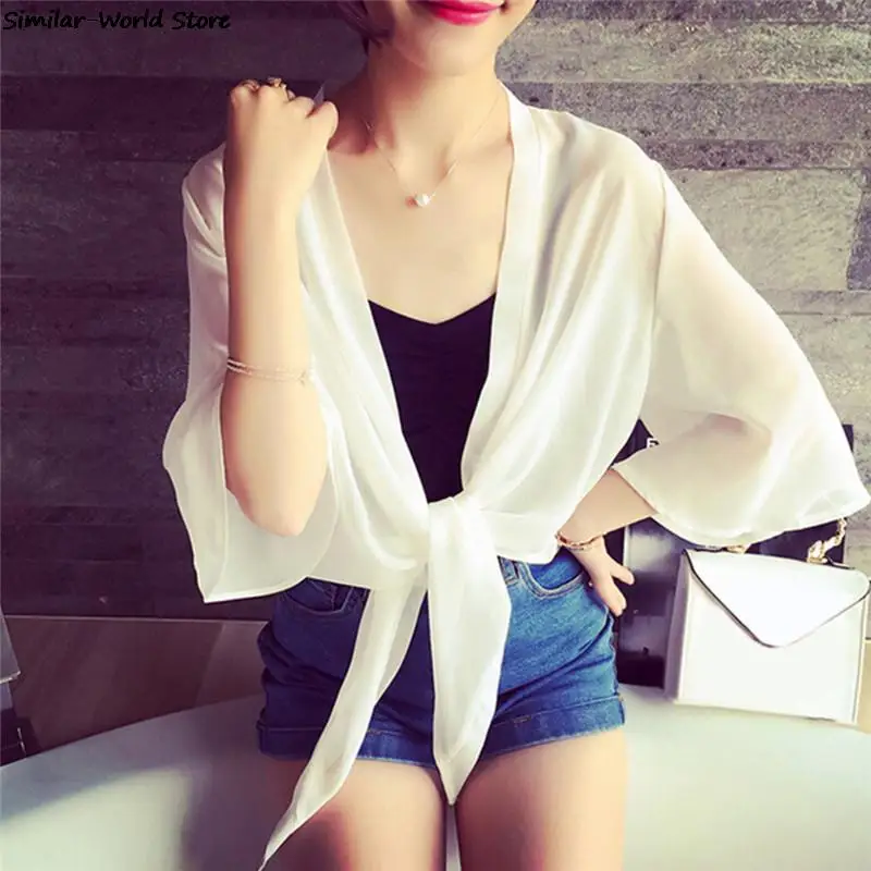 Hot Sale Women's Short Blouse Thin Loose Tie Top Female Chiffon Sun Protection Clothing Cardigan Shawl Women's Shirt