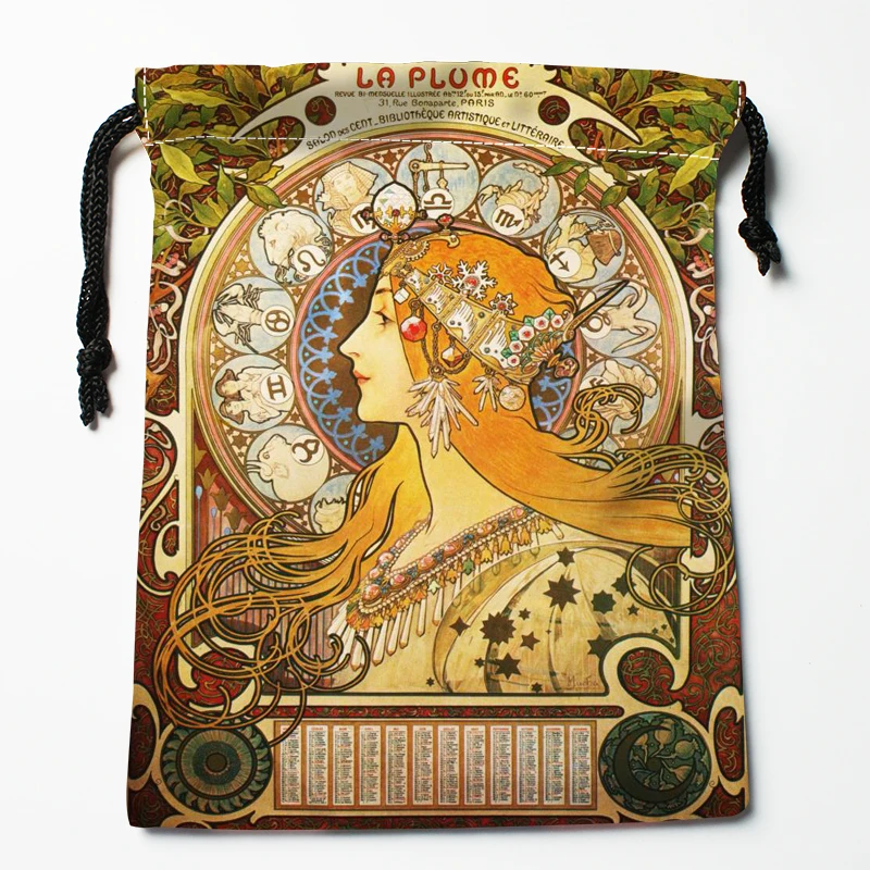 Nuovo arrivo Alphonse Mucha Borse con coulisse Stampa 18X22CM Morbido tessuto di raso Resuable Storage Storage Borsa per vestiti Scarpe Borse