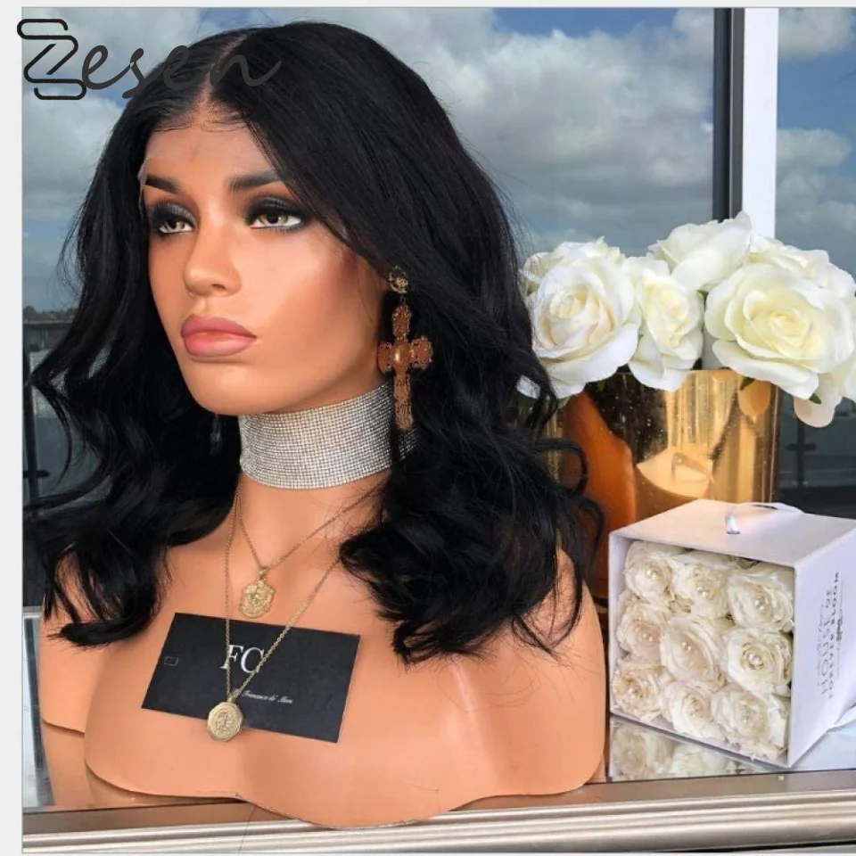 

Zesen 13×4 Lace Front Wig Short Natural Black Color Loose Body Wave Glueless Synthetic Wigs Heat Resistant for Black Women