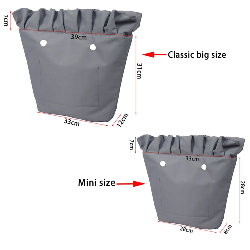 New Frill Pleat Soild Fabric Waterproof Inner Lining Insert Zipper Pocket for Classic Mini Obag Inner Pocket for O Bag