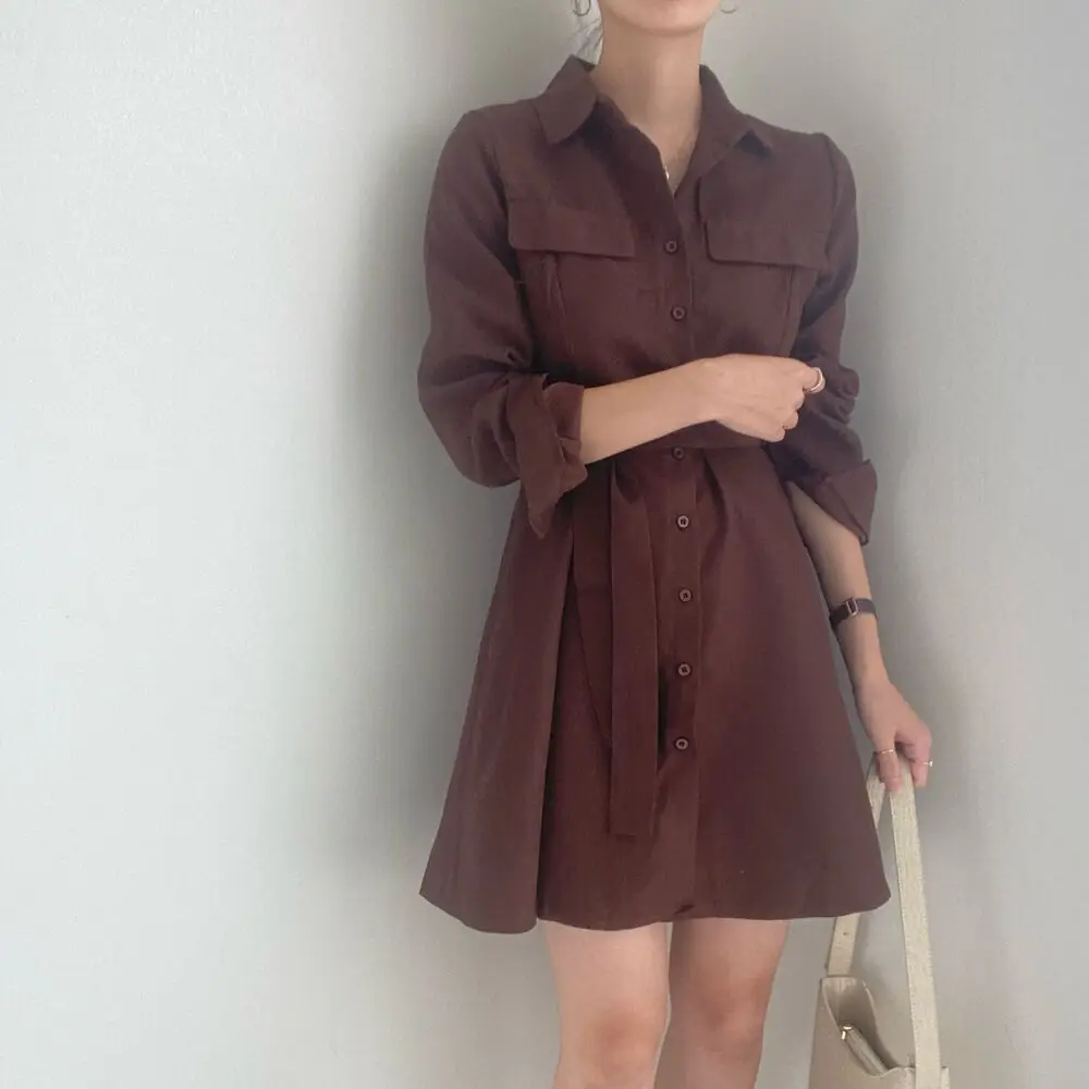 women dress spring 2021 Korea contracted temperament lapel long sleeve shirt skirt female waist lace-up casual one-piece dress