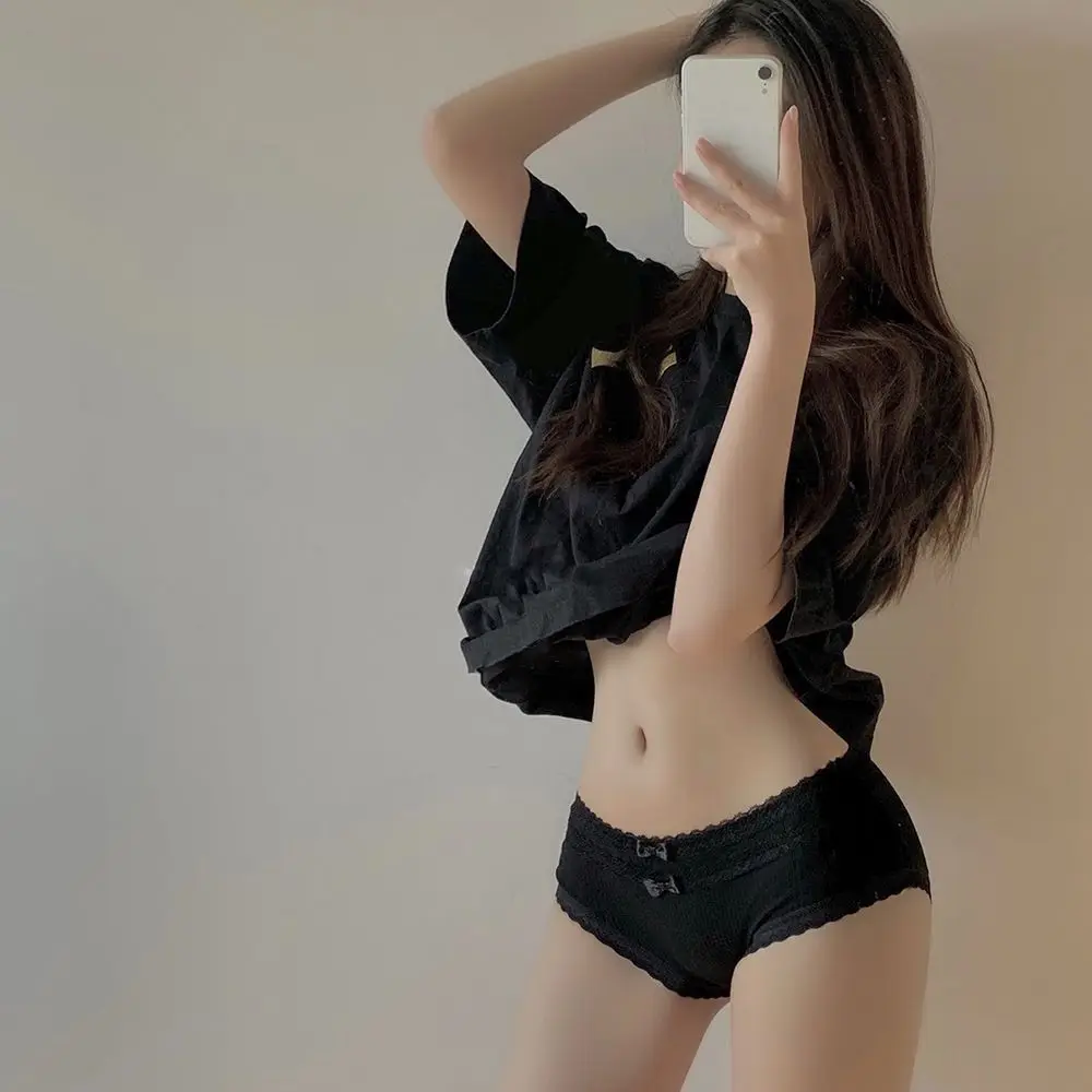 女性のためのセクシーなレースの蝶ネクタイパンティー,日本のスタイルの下着,光沢のある柔らかい綿,ベージュ,黒,白