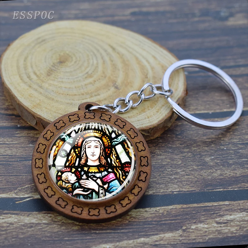 Virgin Mary and Baby Jesus Christian Catholicism Keychain Religious Catholic Saint  Glass Cabochon Wooden Keychain Jewelry Gifts