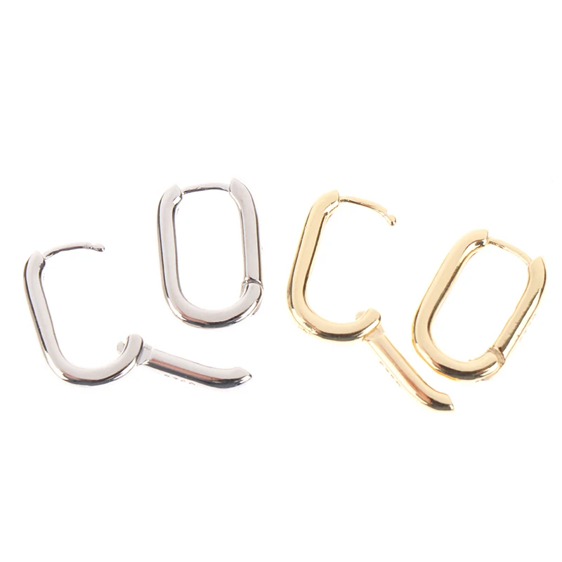 1 Pair Simple Design Geometric Rectangular Lock Buckle Metal Oval Shape Small Hoop Earrings Women Party Jewelry