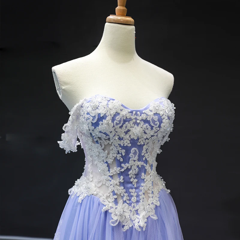 Robe de bal bleue en dentelle, tenue de soirée longue, épaules dénudées, corsage transparent, robes de spectacle