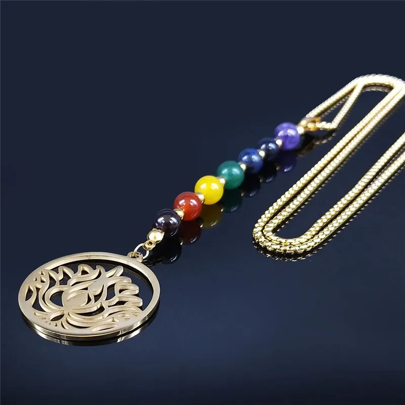 Yoga Lotus 7 Color Chakra Stone Stainless Steel Chain Necklaces for Women Gold Color Long Necklaces Jewelry collar N466S04