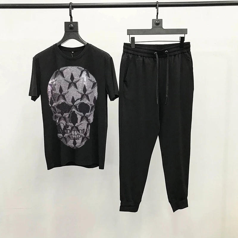 Summer Cotton Fabric Skull Head High Quality Hot Diamond Craft Track Suit Street Hip Hop Couple T-Shirt + Pants Men's Sets