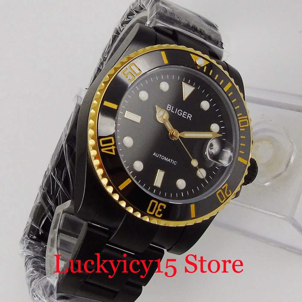 BLIGER Luxury Black Gold Coated Automatic Men Watch Sapphire Crystal NH35 MIYOTA 8215 Movement