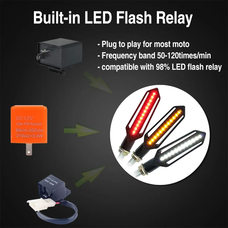 24 LED Motorcycle Turn Signal Indicator Blinkers 12V Three-use Sequential DRL Flashing Brake Lights Warning Lamp