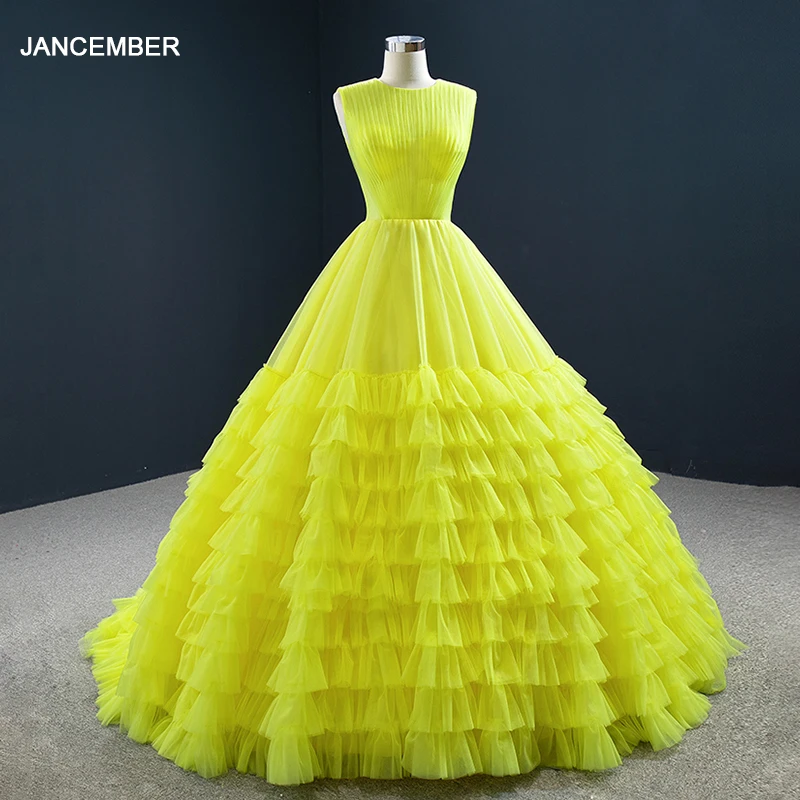 

J67158 JANCEMBER Yellow Sleeveless Evening Dresses Tiered O Neck Energetic Cute Lace Up Back Robes de soirée sans manches jaunes