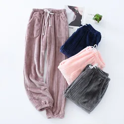 Sleepwear Women Pajama Pants Winter Flannel Thick Warm Home Pyjama Sleep Pants Striped Cozy Couple Night Pants Trousers Lounge