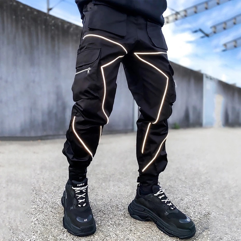 Joggers Cargo Pants Reflective Stripe Fashion Streetwear Hip Hop Sweatpants Black White Patchwork Hipster Mens Trousers