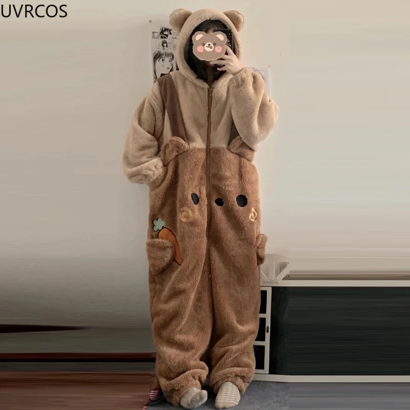 Cute Conjoined Pajamas For Women Warm Coral Fleece Cartoon Bear Ears Hooded Sleepwear Girly Kawaii Home Clothes Full Body Pajama