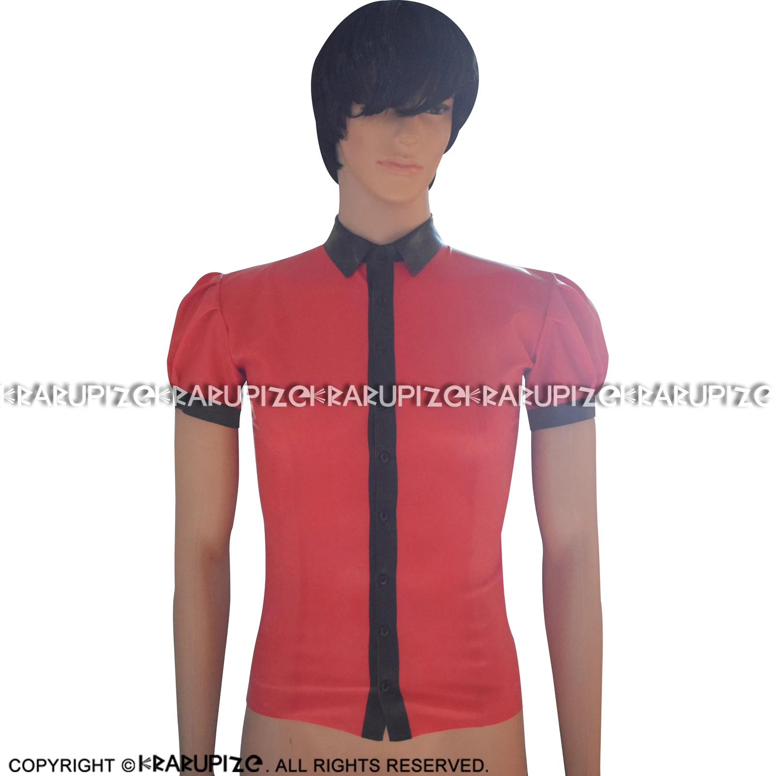 Red And Black Sexy Latex Shirt With Buttons At Front Puff Short Sleeves Rubber Blouse Top Clothing YF-0119