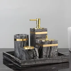 Tuqiu Bathroom Accessories Set Marble Gold Soap Dispenser Tooth Brush Holder Cotton Swab Box Luxury Bathroom Hardware Set