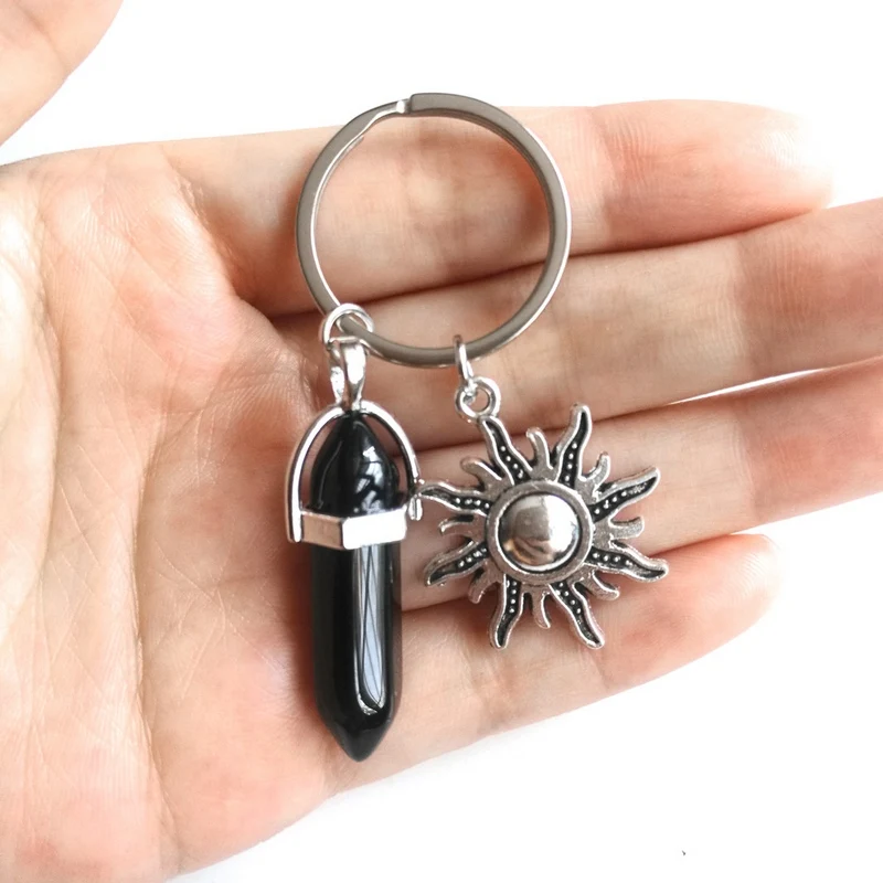 Natural Stone Hexagonal Column Couple Keychain Women Opal Quartz Key Chains With Sun Moon Trinket Wedding Party Lovers Gift