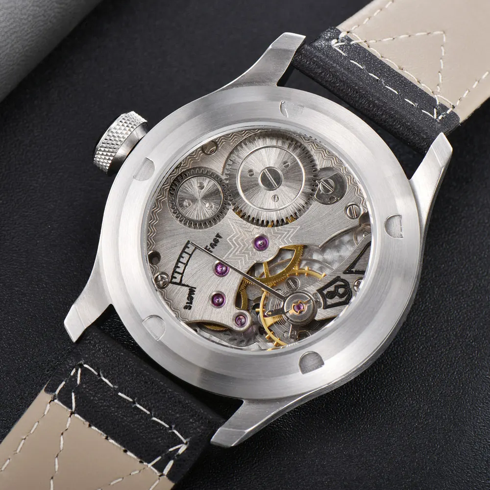 PARNIS Fashional Munual Men Watch 6498 Movement Leather Band Seeing-Trough Backcover Big Crown