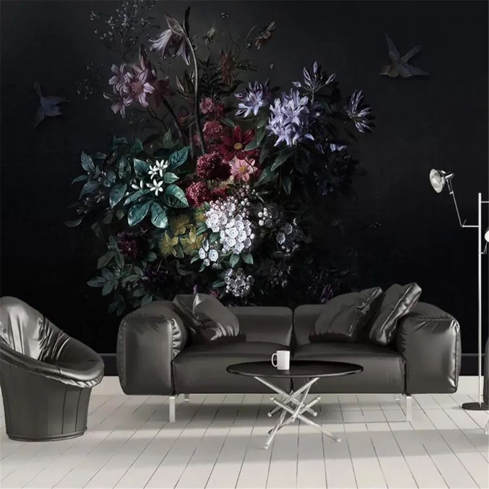 

Milofi custom non-woven wallpaper mural Nordic simple hand-painted lily flower black bedroom background wall painting