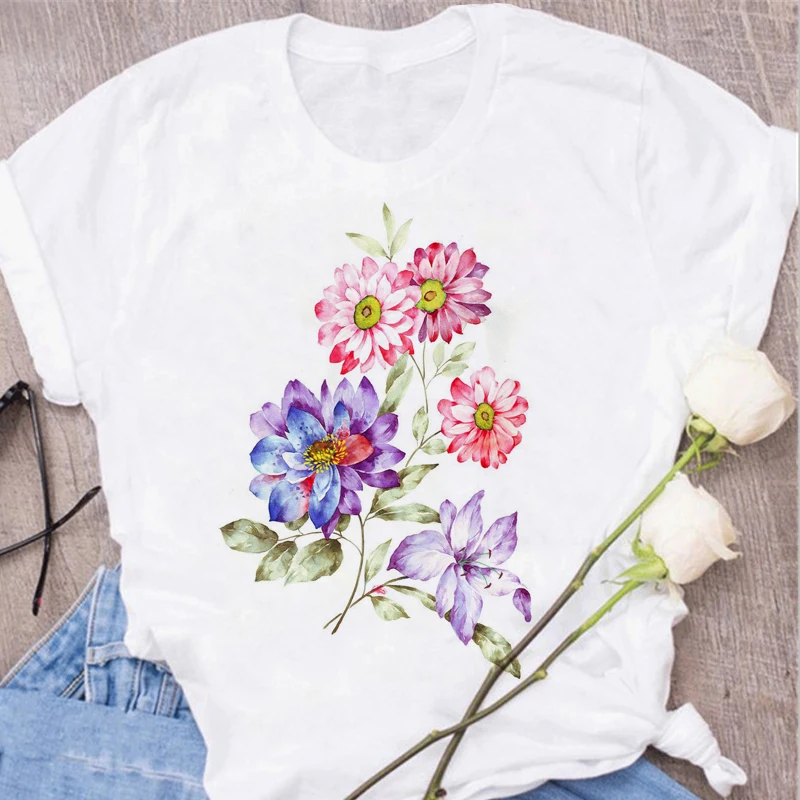 Women\'s Tops Fashion Flower Floral Print Lady T-shirt Casual Short Sleeve Aesthetic Clothes Shirt T-shirts Female Tops Tees